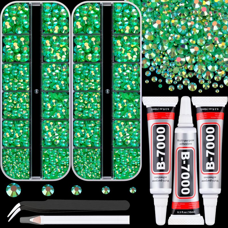 Resin Rhinestones for Crafting with 3Pcs 10ml B7000 Jewelry Glue, 2 Boxes Dark Green AB Flatback Gems Crystals Diamond for Bedazzling Crafts DIY Nail Art Makeup,Gems for Clothing Tumblers Shoes
