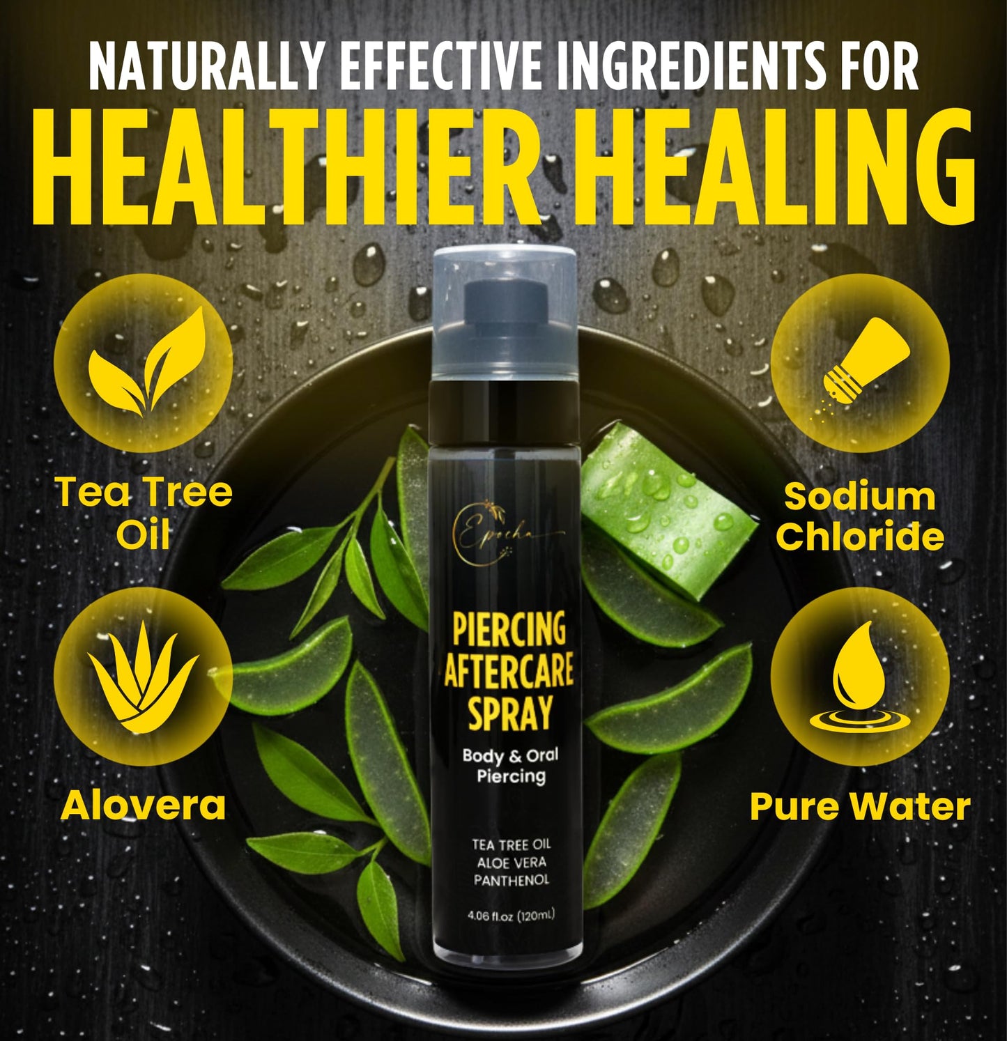 Epocha 4oz Piercing Aftercare Spray with Panthenol & Tea Tree Oil –Saline Solution for Piercings | Piercing Bump Solution & Keloid Bump Removal for Ears, Belly, Nose –Aftercare for New & Old Piercings