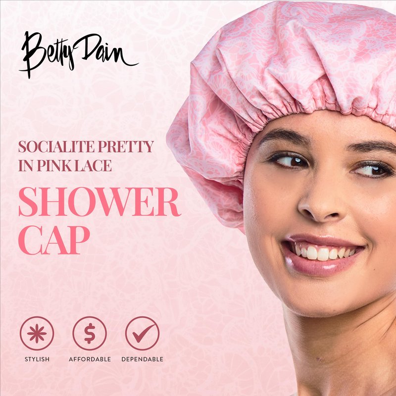 Reusable Nylon Shower & Bath Cap, Reversible Oversized Waterproof Shower Caps Large Designed for all Hair Lengths w Terry Lining & Elastic Band Stretch Hem Hair Hat - Socialite Pretty in Pink Lace