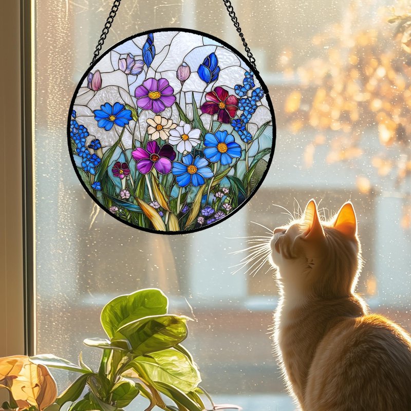 GEFOS Stained Glass Window Hanging Blue Purple Wildflowers 9.8" - Suncatcher Door Garden Sunroom Sun Catcher Home Decor Birthday Christmas for Mom Men Woman Nana Friend