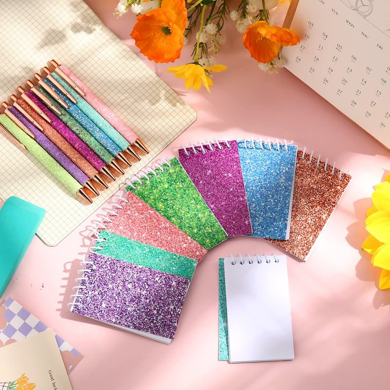 Sherr 16 Pcs Glitter Pens and Notebooks Set Mini Spiral Notepads Fancy Pens for Kids Girls Women Sparkly Sequins Journaling Ballpoint Christmas Birthday Gift Classroom Rewards(Classic Color)