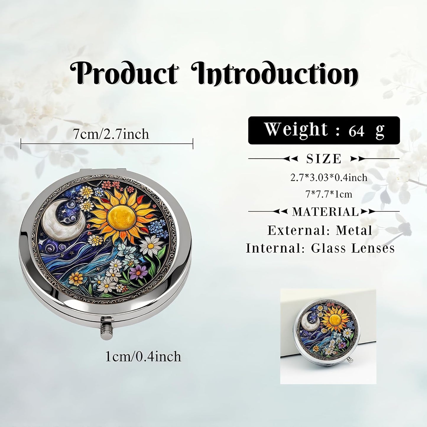 Skiennix Silver Compact Mirror - Double-Sided Folding Makeup Mirror with Floral Design | 2.8x2.8 Inch