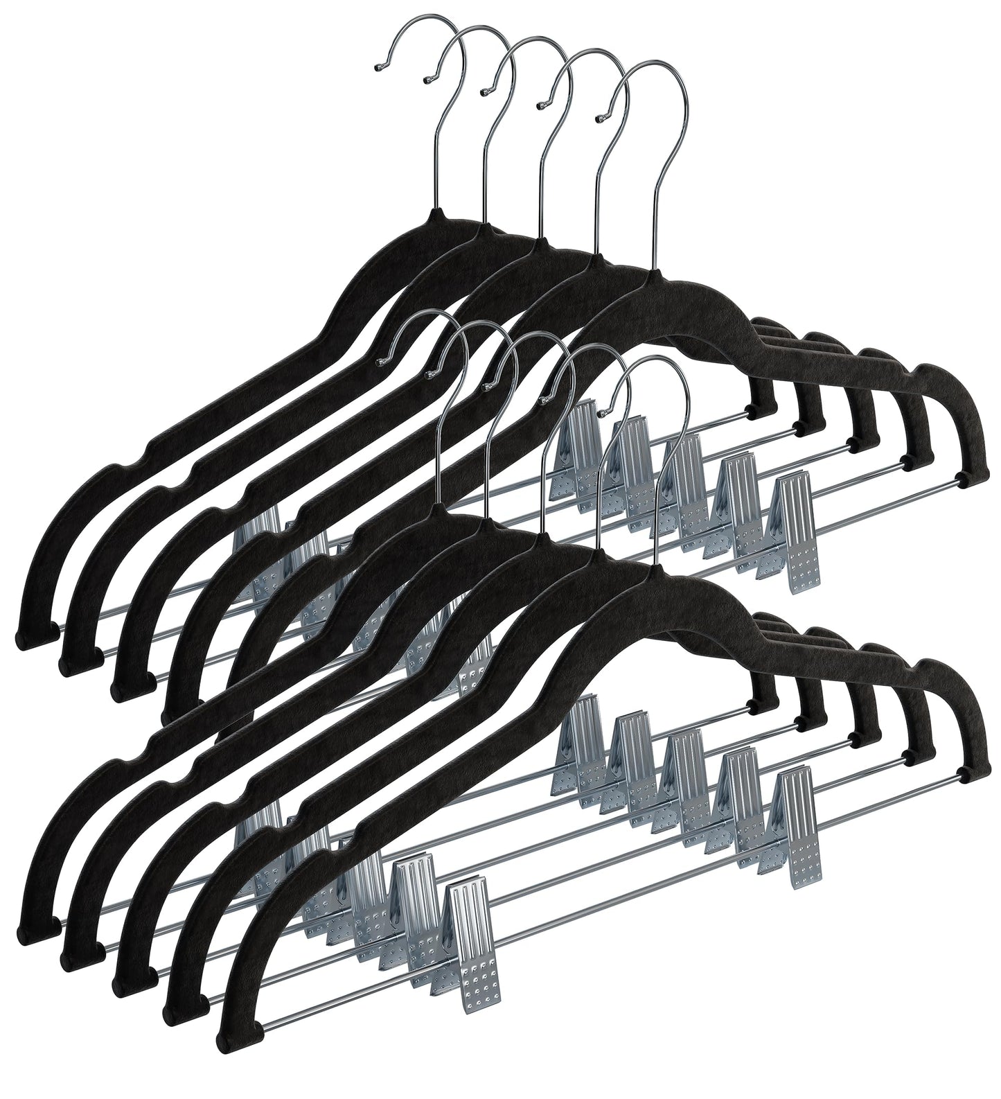 Home-it Pants Hangers With Clips 10 Pack - Black Velvet Non Slip Space-Saving for Pants, Skirts, Coats, Dresses, Tank Tops, Clothes - Felt Ultra Thin