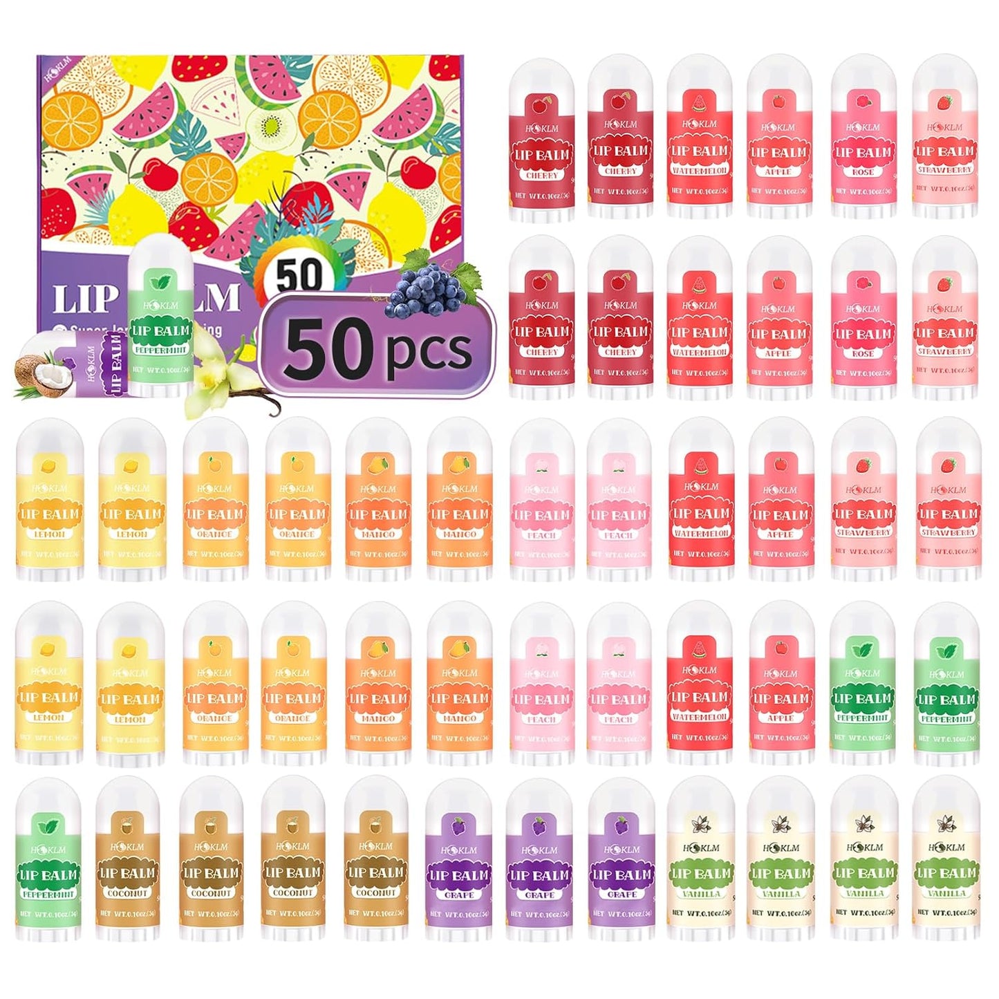 Skiennix Mini Lip Balm 50 Pack - Natural Moisturizing Lip Balms with Vitamin E & Coconut Oil | 13 Flavors for Party Favors & Gifts