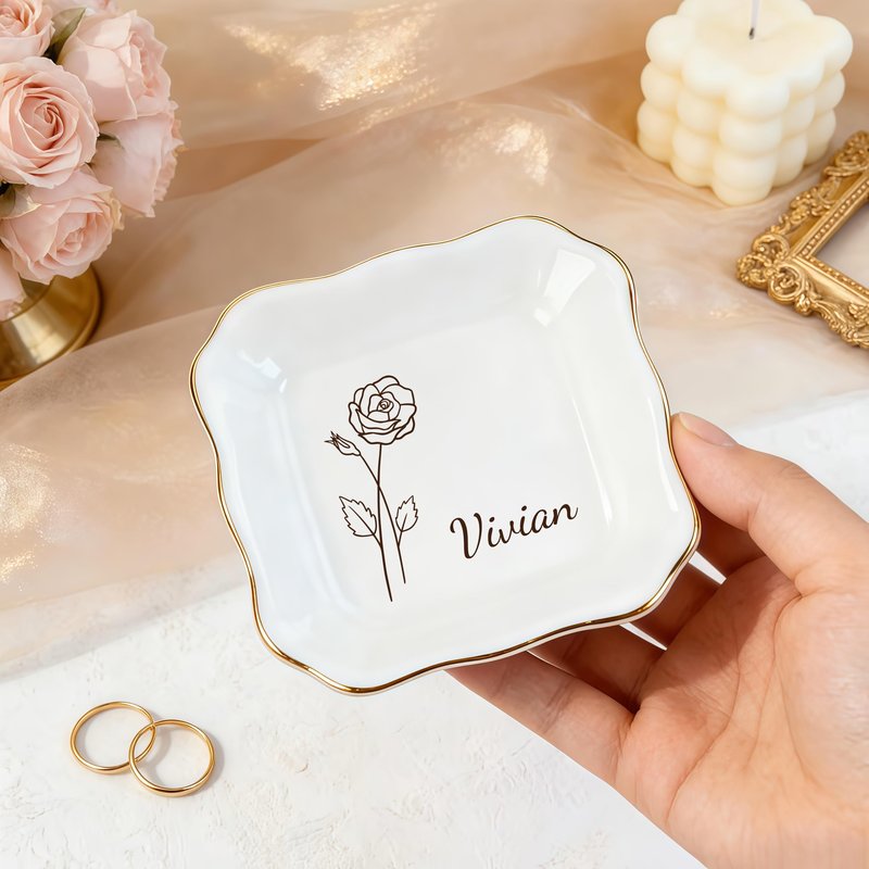 KeenlyMade Custom Ceramic Ring Dish, Personalized Jewelry Tray with Name Birthday Flower, Earrings Necklaces Bracelet Watch Keys Trinket Holder, Mothers Day Bridesmaid Bestie Gift for Women