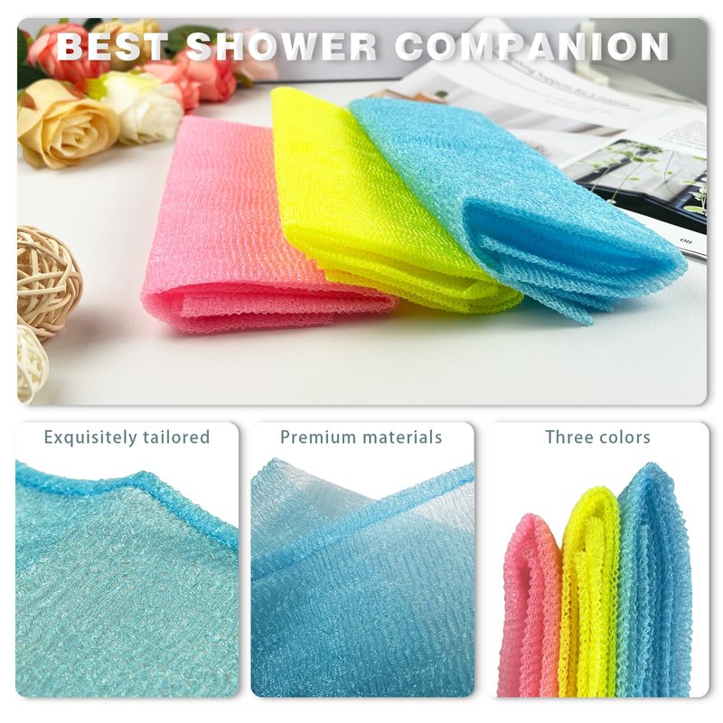3-Pack Exfoliating Washcloths – Japanese & Korean Style Body Scrubber Towels, Quick-Dry Mesh Bath Cloths for Shower & Skincare