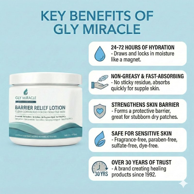 GLY MIRACLE Barrier Relief Clean Corium H2O Moisture Lotion, Professional-Strength Glycerin Hydration for Severely Dry, Cracked, Sensitive Skin, Fragrance-Free, Non-Greasy, 16 oz Jar
