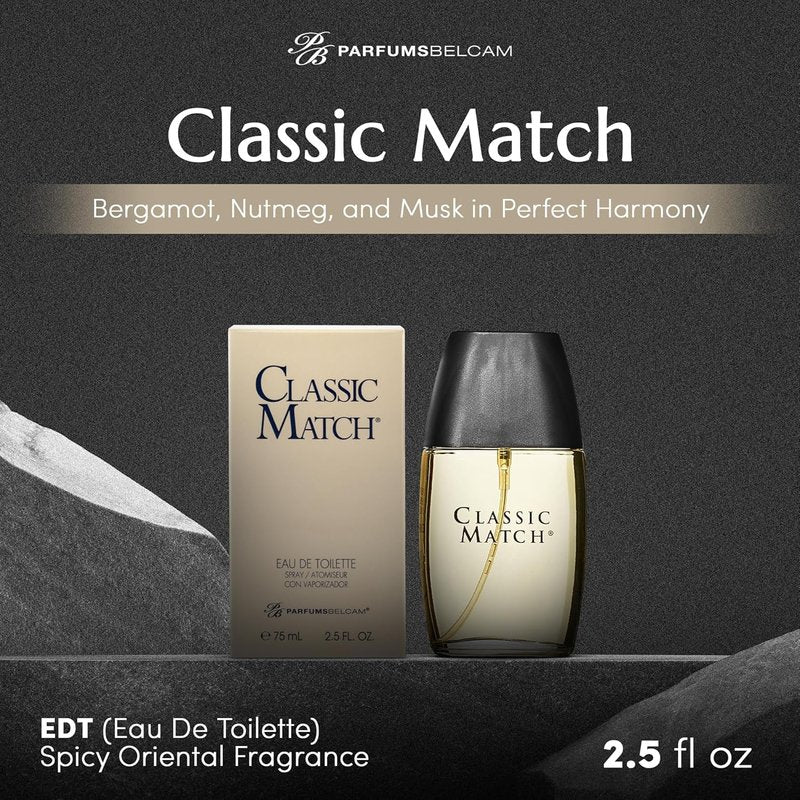 Classic Match Eau de Toilette Spray for Men - Warm Oriental Scent with Bergamot, Nutmeg & Musk | 2.5 Fl Oz