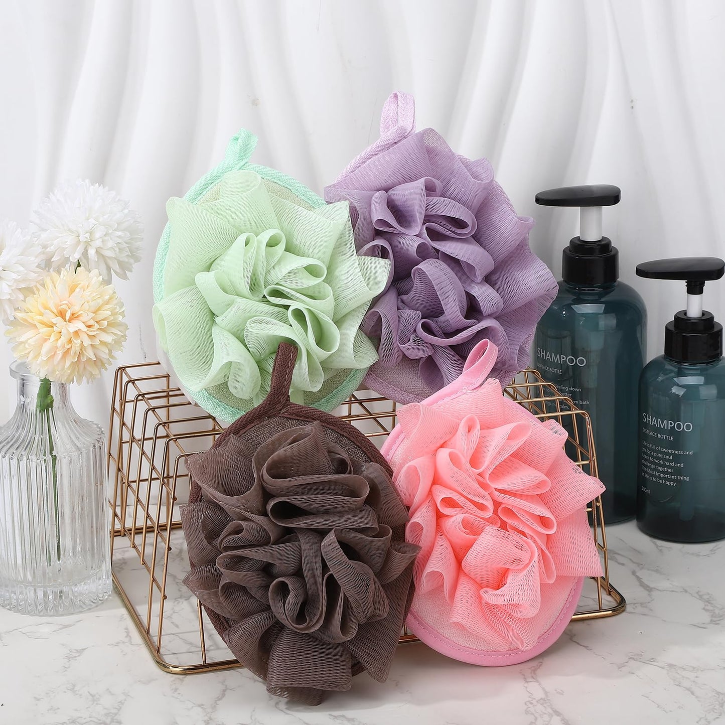 ZhouBoat 4 PCS Exfoliating Bath Sponges Soft Loofah Shower Scrubber with Elastic Hand Strap for Women Men Gentle Skin Cleansing Body Wash Towel Pouf Purple, Pink, Green, Coffee