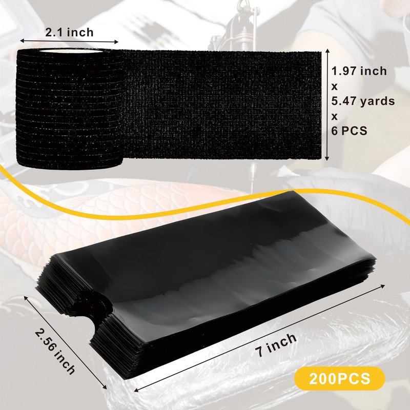 200PCS Tattoo Pen Covers with 6 Rolls Grip Tape Wrap - Large Size (2.56 inch X 7 inch) Transparent Black Bags for Tattoo Machine, Waterproof Machine Wrap Sleeves for Tattoo Supplies & Artist