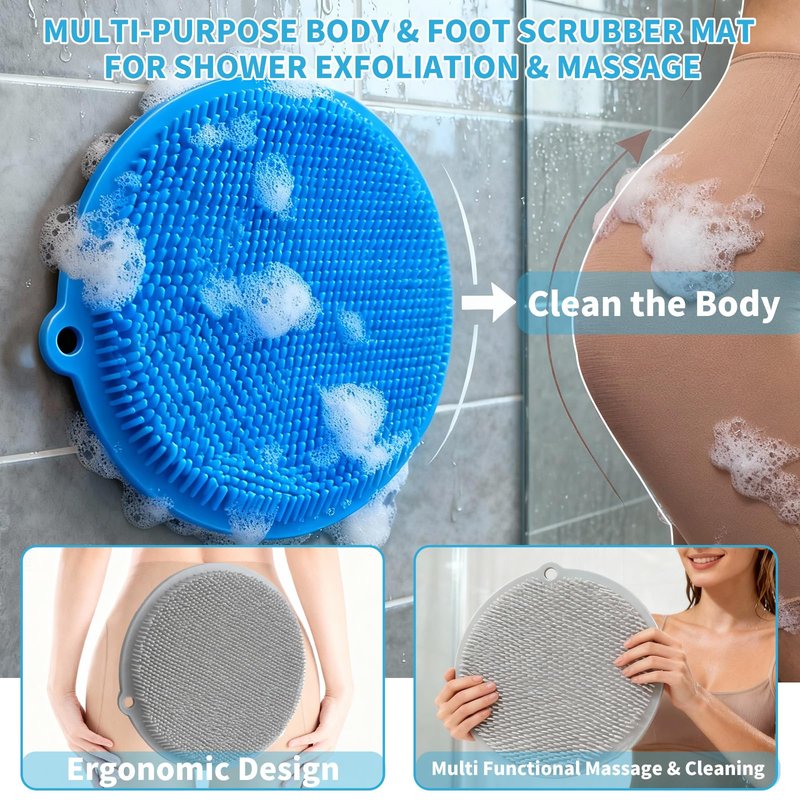 Merleu 2 Pack Shower Foot Scrubber & Shower Back Scrubber Wall Mounted with Delicate Brush,Circular Design Shower Back Scrubber,Non-Slip Foot Scrubber Mat(Grey and Blue)