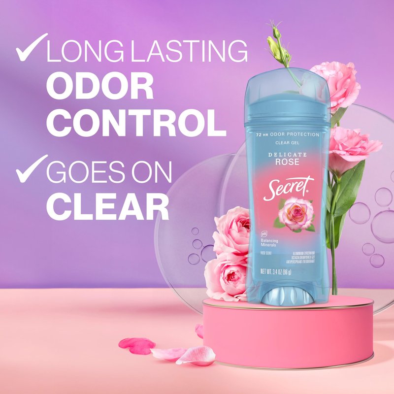 Secret Fresh Antiperspirant Deodorant for Women, 72hr Breathable Sweat & Odor Protection, Instant Freshness & Gentle, PH Balancing Minerals, Clear Gel, Delicate Rose Scent, 3.4 oz