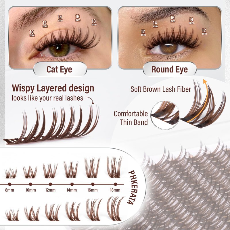 Flora Brown Lash Clusters Kit Wispy Brown Cluster Eyelash Extensions Kit, Natural C Curl Lash Extension Kit 8-18mm Individual Lashes DIY with Bond and Seal & Tweezers, 132Pcs