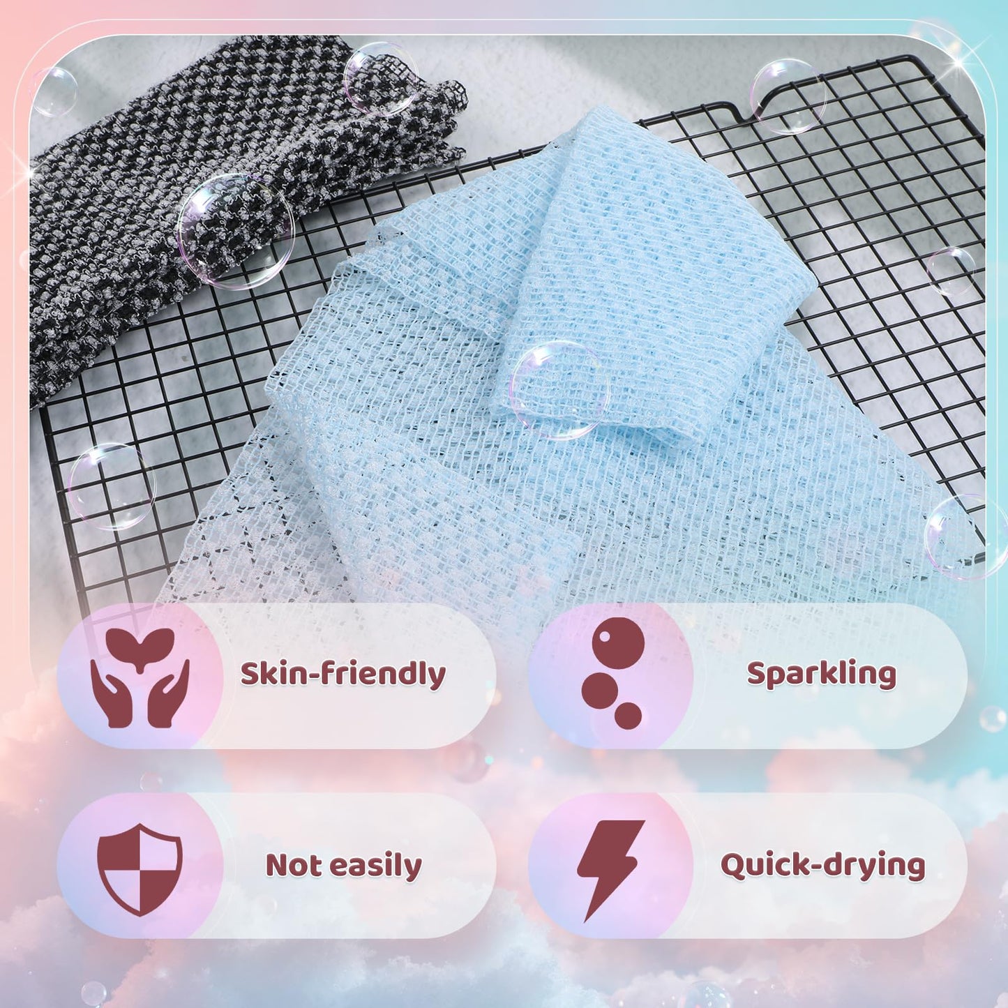 TIESOME 2 Piece Japanese Exfoliating Towel, Extra Long 35 Inch Exfoliating Washcloth for Back & Body, Deep Cleansing Body Scrub Back Scrubber for Men Women (Black, Blue)