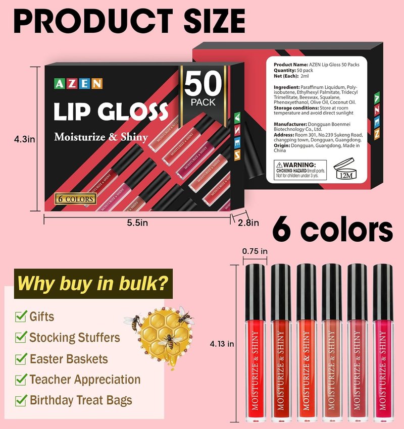 AZEN Lip Gloss Bulk Set - 50 Shimmery Shades for Women & Girls | Vibrant Color Variety