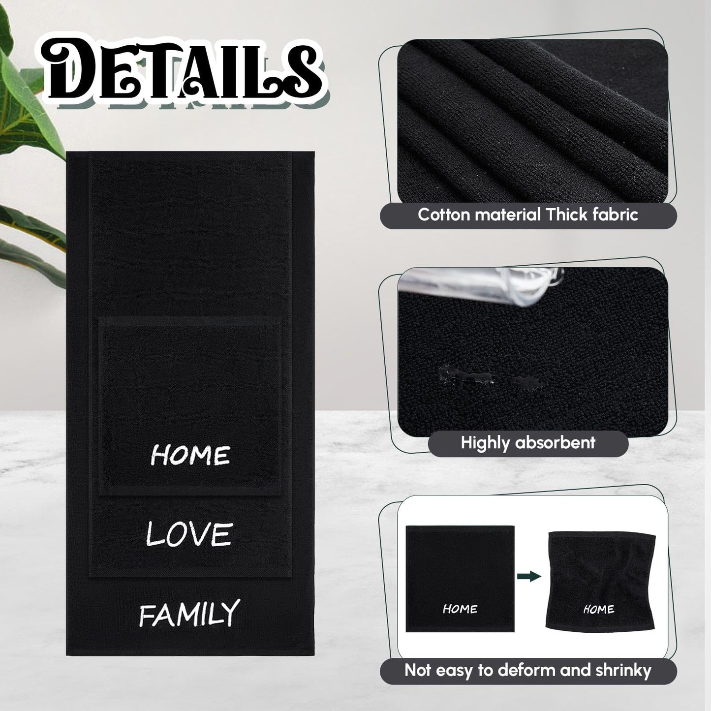 Peryiter 6 Pack Cotton Black Farmhouse Decorative Bath Towels Set, Soft and Absorbent, Contains 2 Bath Cloth, 2 Hand Cloth and 2 Washcloths