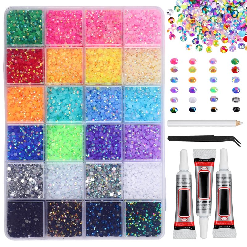 32000Pcs Resin Jelly Rhinestones for Bedazzling, 3mm Multicolor Flatback Gems DIY Resin Rhinestone Kit for Bedazzling with 3Pcs B7000 Jewelry Glue, for Diamond Art Bedazzled Nail Art & Crafts