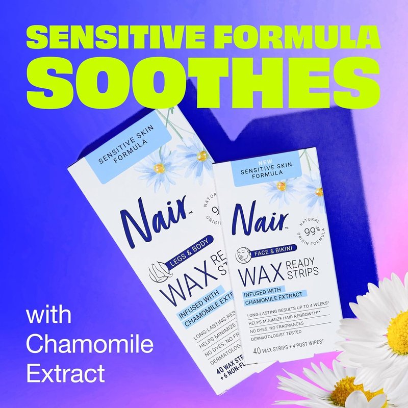 Nair Sensitive Hair Remover Wax Strips - Mess-Free Hair Removal for Legs & Body | Chamomile Extract, 40 Count