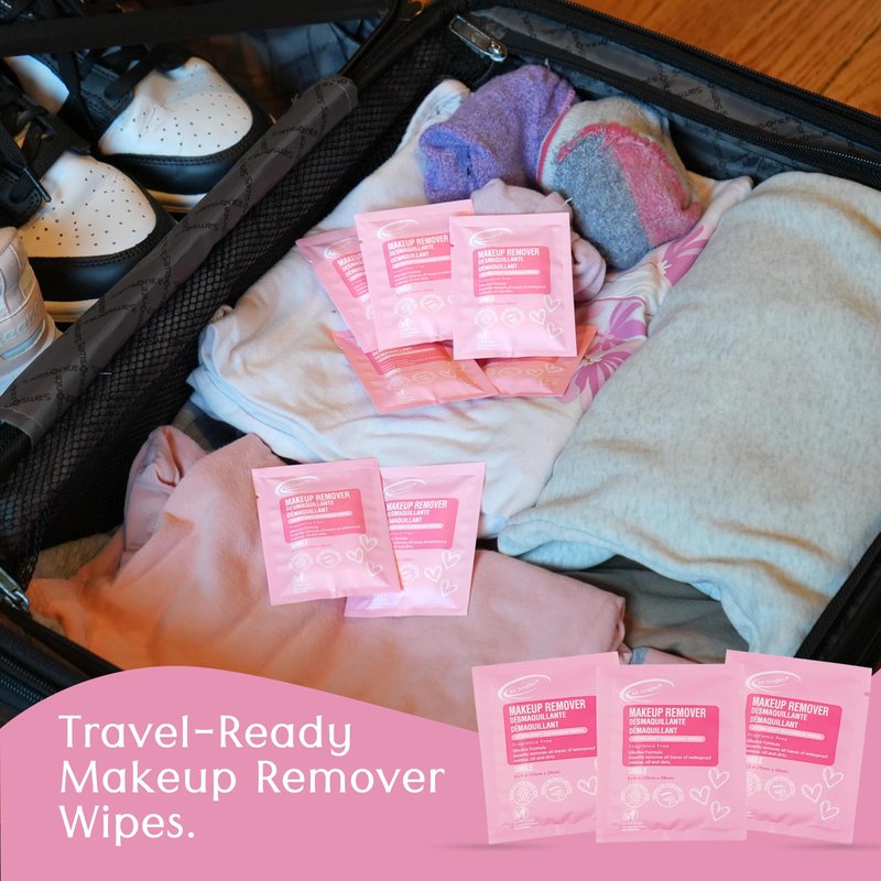 Air Jungles Pink Micellar Makeup Remover Wipes - 25ct Individually Wrapped Travel Size Facial Cleansing Wipes with Vitamin E, Gentle Face Wipes for Sensitive Skin, Gift for Women & Girls