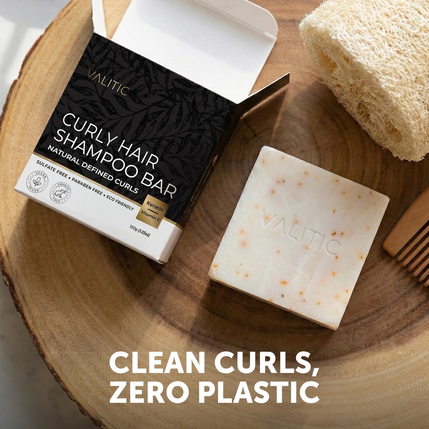 VALITIC Curly Hair Shampoo Bar - Sustainable Solid Shampoo for Hair Strengthening, Made with Rice Water, Vitamin C, Argan and Keratin - Define Natural Waves - Paraben Free, Sulfate Free, Vegan