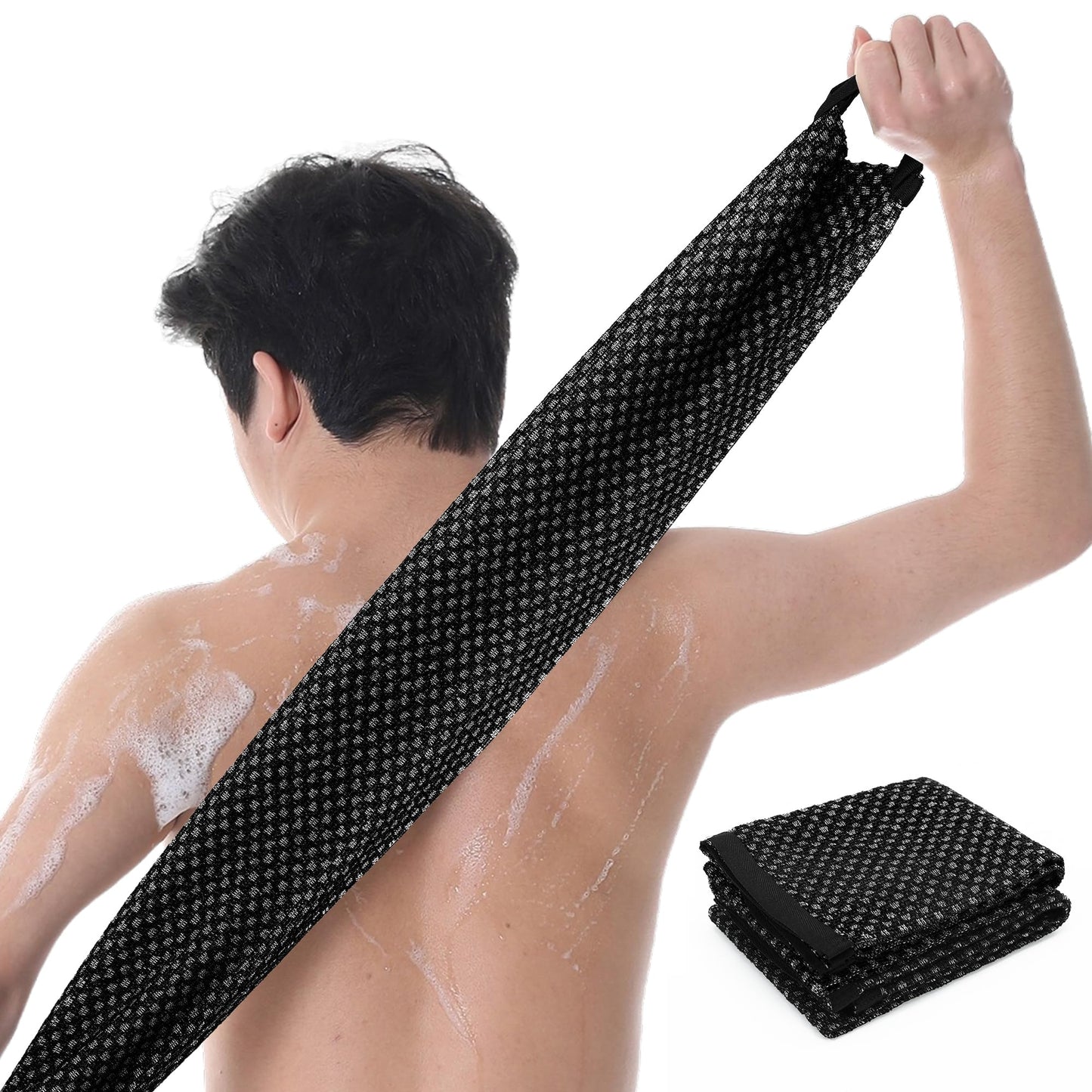 GREEN POMELO Japanese Exfoliating Loofah Back Scrubber - Shower Bath Towel for Men & Women (2 Pack Black, 33.4" x 11.8")