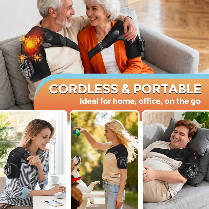 Cordless Shoulder Heating Pad - Portable Heated Wrap for Pain Relief | 5 Heat & Vibration Settings