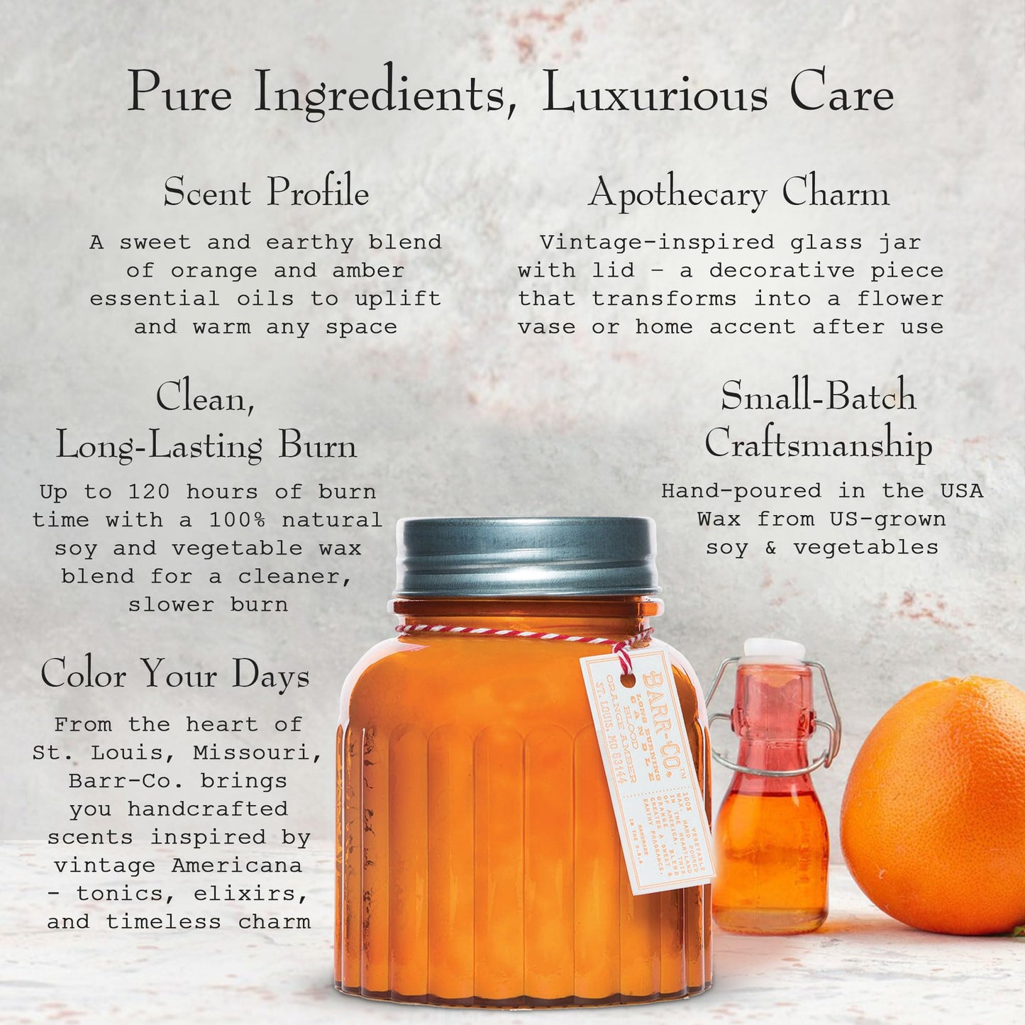 Barr-Co. Soap Shop Blood Orange Amber Apothecary Jar Candle, Orange & Amber Essential Oils, 100% Vegetable & Soy Wax Candles for Home, 120-Hour Burn Time, Clean Burning Candles, 20 oz