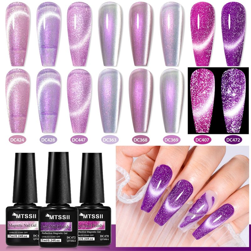 MTSSII Violet Cat Eye Gel Nail Polish Set 8Pcs Glitter Gel Nail Polish Kit with Magnet Shimmer Purple Nail Polish Set Salon Gel Manicure DIY Gift