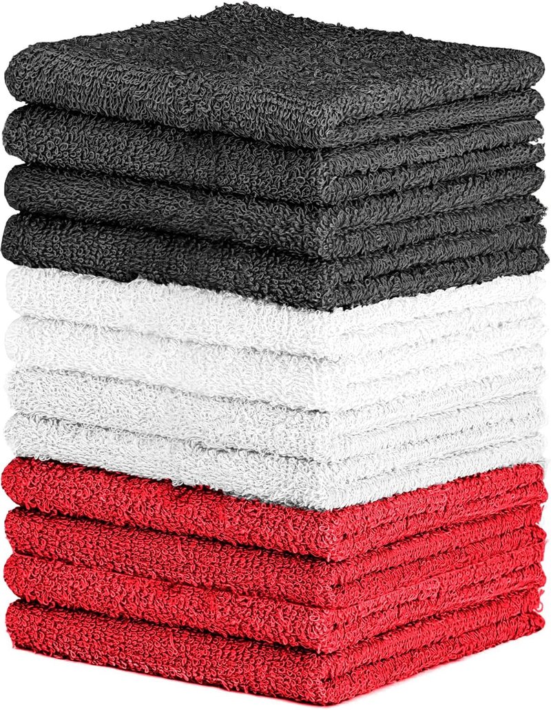 QUBA LINEN 100% Cotton Washcloth Set – Soft, Absorbent Face Towels for Bathroom & Gym Use – Durable & Reusable Wash Cloths - Dark Grey, White & Burgundy, 12x12 Inches, Pack of 12