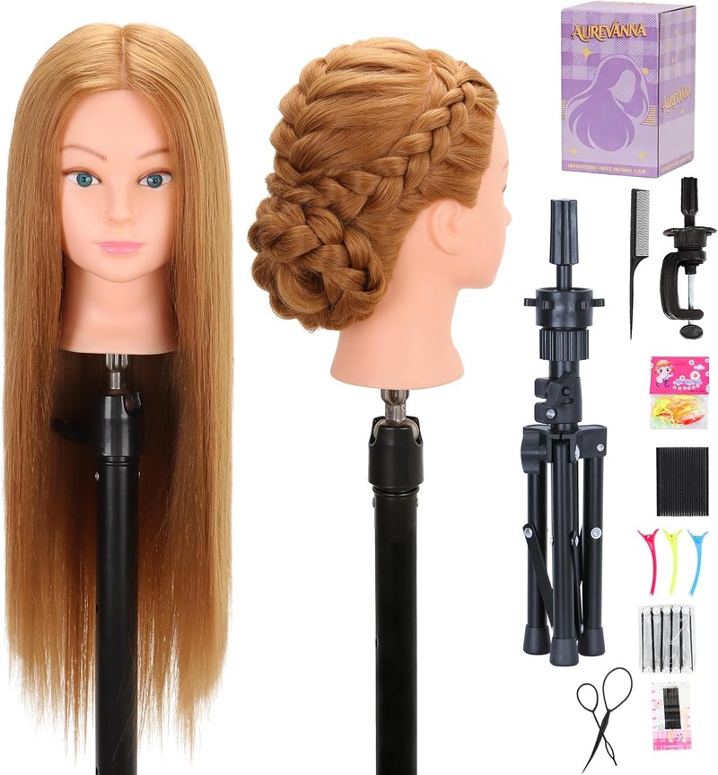 Mannequin Head - 80% Real Hair Cosmetology Training Tool | 26-28" Light Brown with Clamp Holder