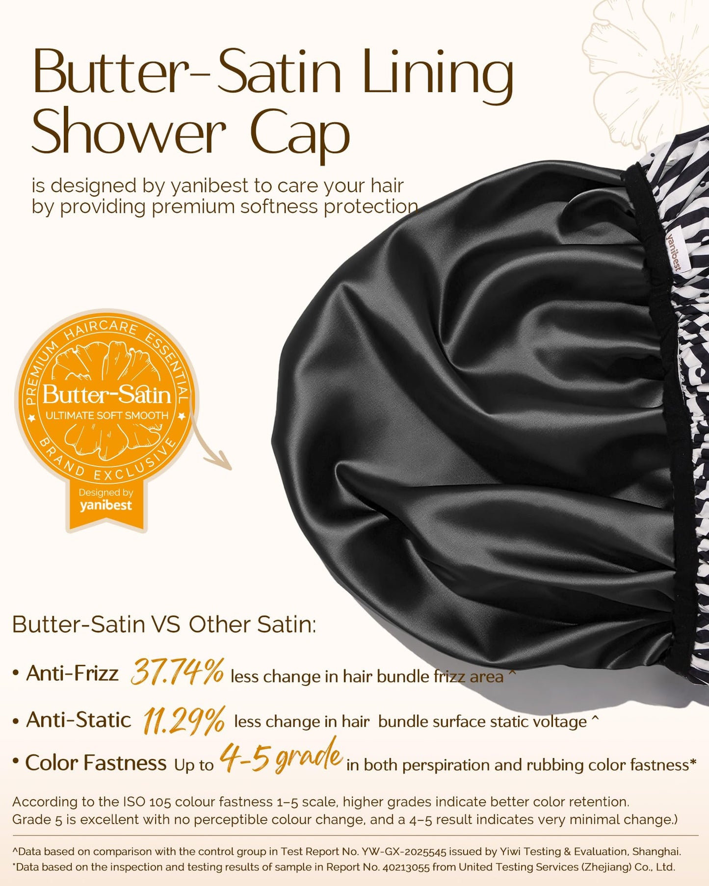 Yanibest Shower Cap for Women - Frizz Free Satin Lined Shower Cap Waterproof Large Double Layer Reusable with Soft Elastic Band for Braids Long Hair
