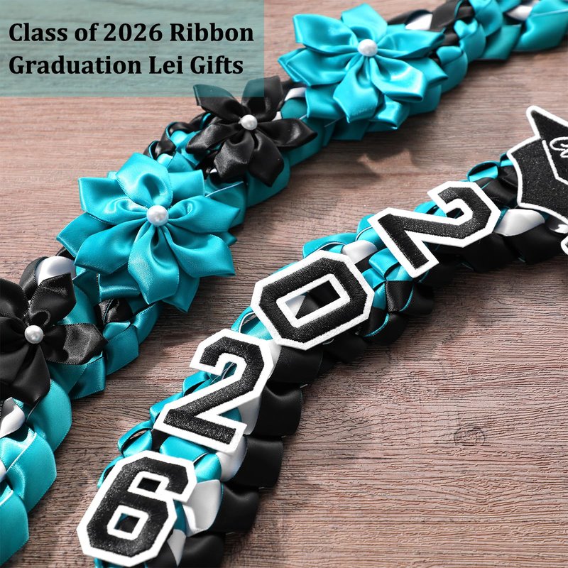 Lyrow Dark Teal Black 50'' 2026 Graduation Lei Double Braided Strands Graduation Ribbon Leis with 4 Satin Flowers Congrats Graduates Money Leis Class of 2026 Gift for Men Women