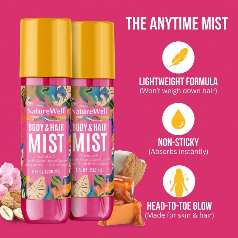 NATURE WELL Cheeky Hair & Body Mist, Lightweight Mist Made for Head-To-Toe, Deliciously Sweet & Warm Long-Lasting Brazilian Nut Scent, 8 Fl Oz (Pack of 2)