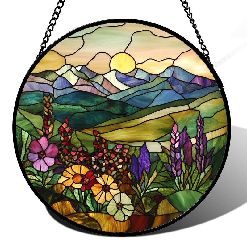 QZQCBLC Stained Glass Window Hanging Purple Wildflowers Pastoral Scenery 9.8" - Suncatcher Door Garden Sun Catcher Home Decor Birthday Christmas for Mom Men Woman Friend