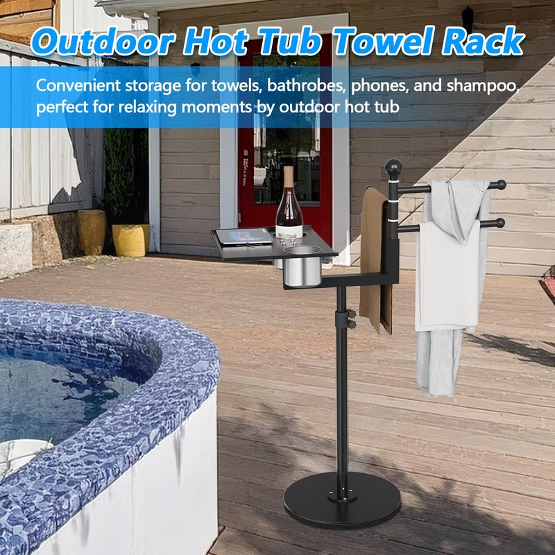 2-in-1 Pool Towel Rack Outdoor, Adjustable Height Poolside/Hot Tub Side Towel Rack Combine 360°Rotating 3-Bar & Tabletop, Space-Saving Freestanding Towel Holder for Poolside, Hot Tub, Patio Area