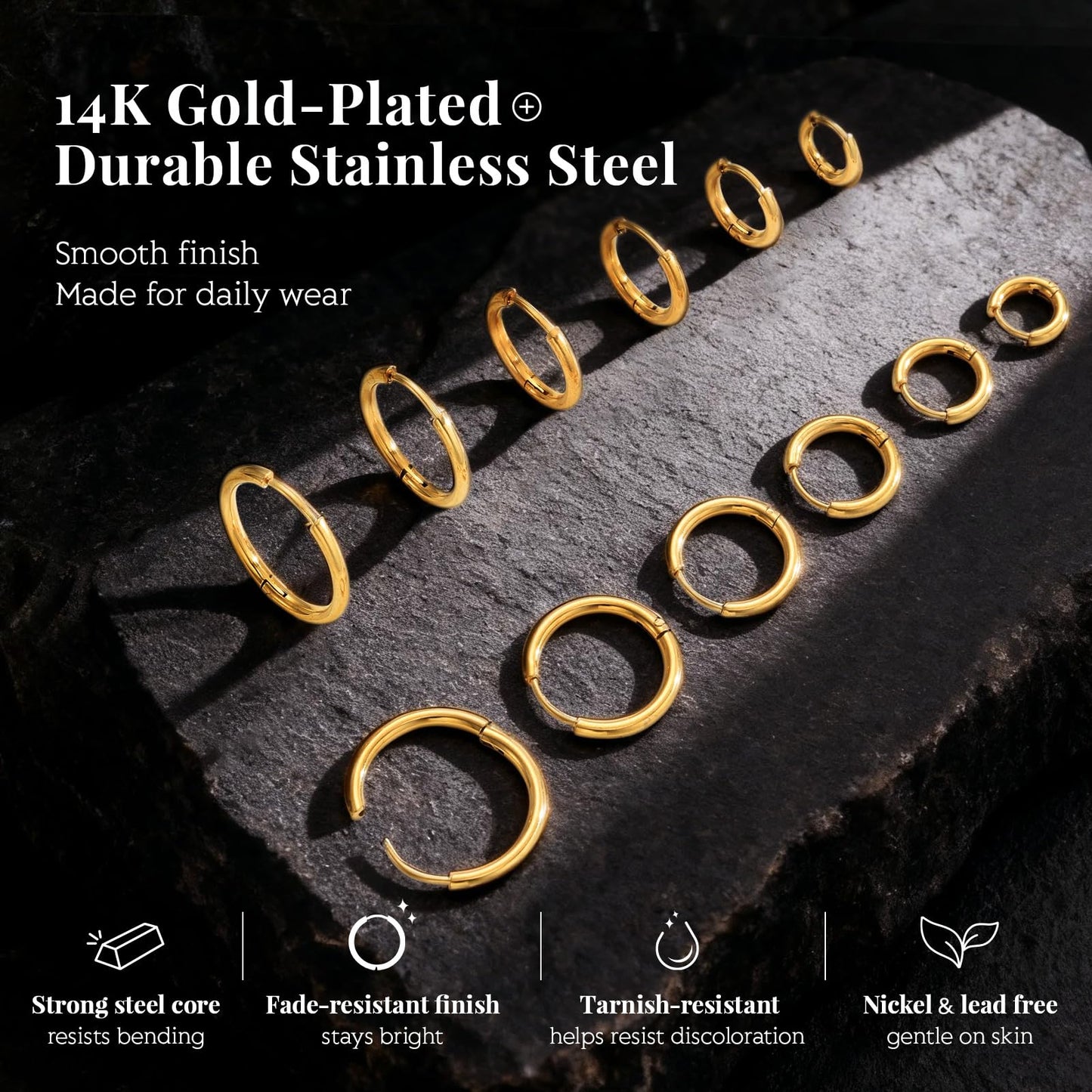 6 Pairs Gold Hoop Earrings for Womem: 14K Gold-plated Lightweight Hypoallergenic, Nickel-Free Lead-Free, Non-Tarnish Cartilage for Multiple Piercings Stack for Jewelry Set