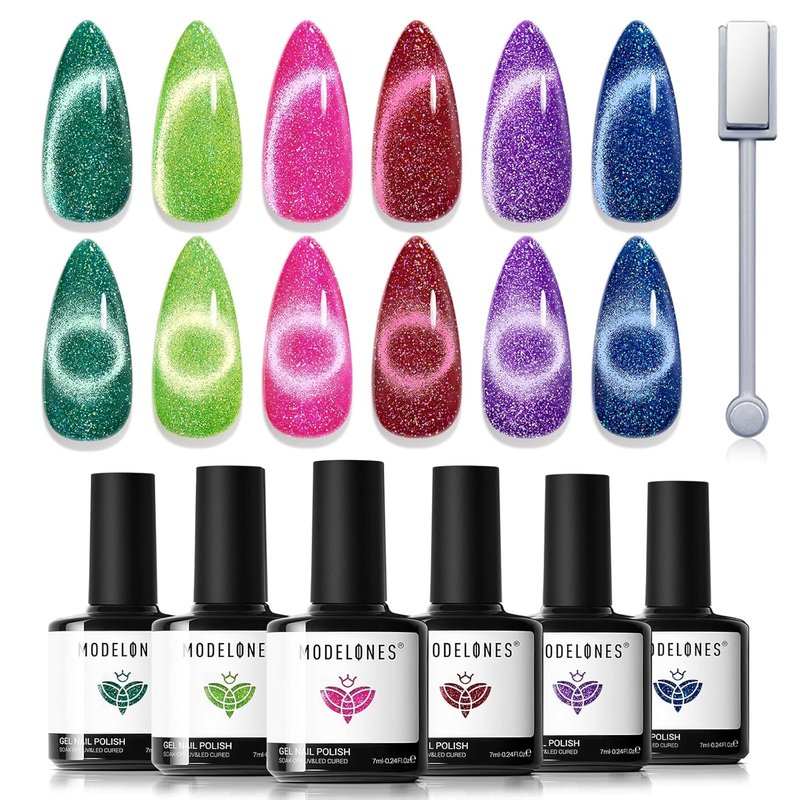 Modelones Cat Eye Gel Nail Polish Set - 6 Glitter Colors for Stunning Summer Nails | Soak Off & LED Compatible