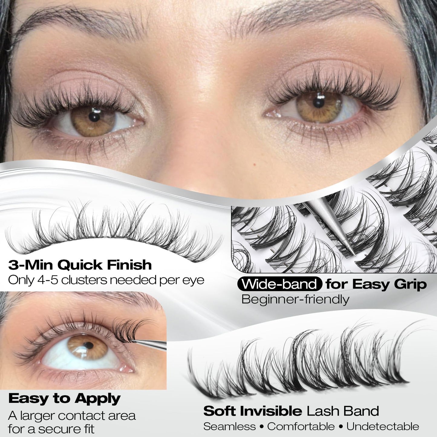 Spider Lash Clusters Wispy Fluffy Eyelash Clusters DD Curl Cluster Eyelash Extensions Natural Volume Individual Lashes 10-14mm Cluster Lashes with Invisible Band DIY Lash Extension by Yawamica