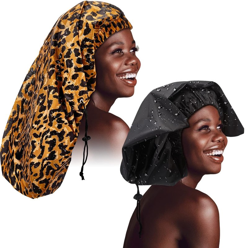 Satinior Jumbo Waterproof Braid Shower Cap - 2 Pcs Adjustable Reusable Hair Bonnets for Long Hair & Dreadlocks | Leopard Print