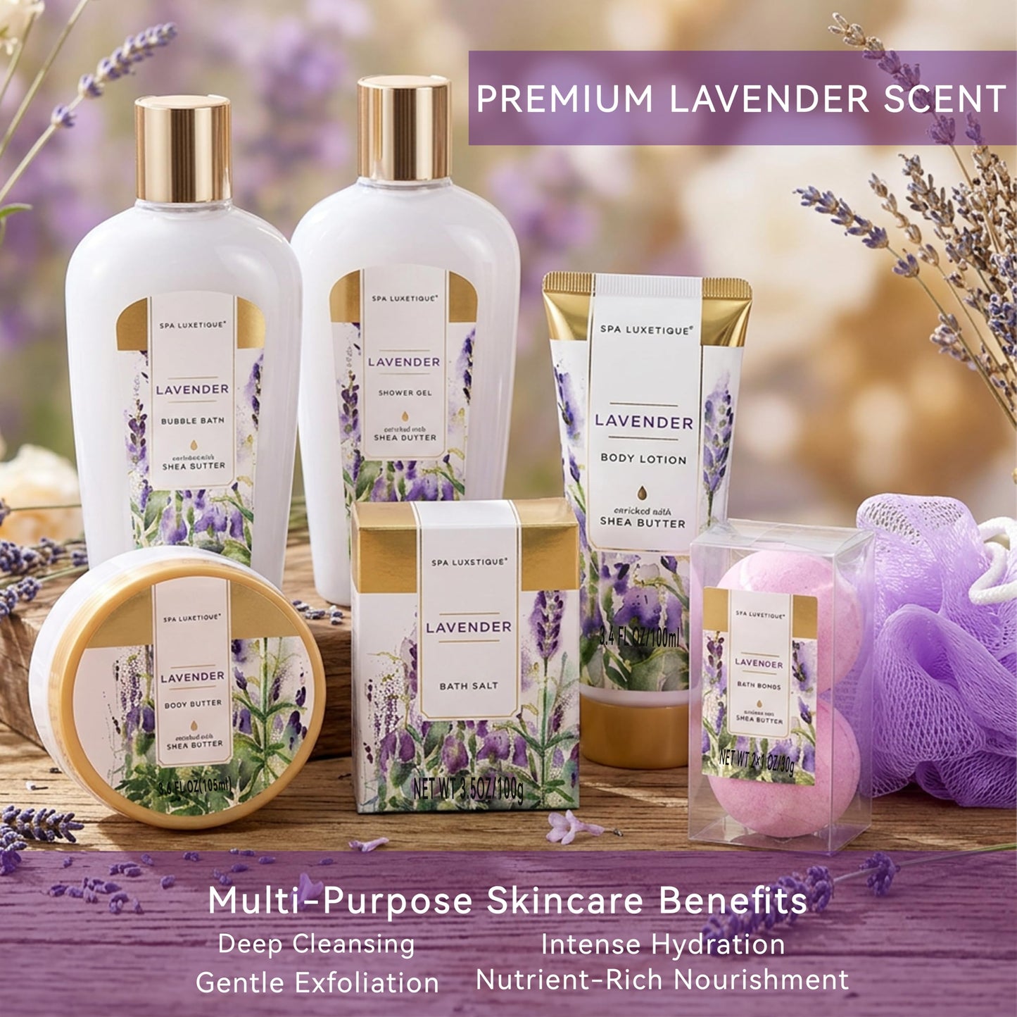 spa luxetique Spa Gifts for Women, Gift Basket, 8 Pcs Lavender Bath Sets with Bubble Bath, Lotion Sets, Birthday Anniversary Gifts for Her, Self Care Kit, Mothers Day Gift for Mom