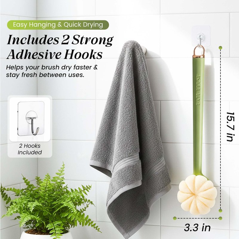 Back Scrubber for Shower with Long Handle (15.7”) – Dual-Sided Bath Brush with Loofah Sponge, Replaceable Heads, Easy Reach for Back & Body, Includes 2 Wall Hooks