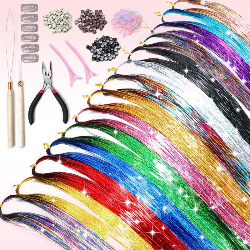 Hair Tinsel Kit - 16 Color Glitter Hair Extensions for Teens & Women | Heat Resistant Fairy Hair Accessories (48 Inch)