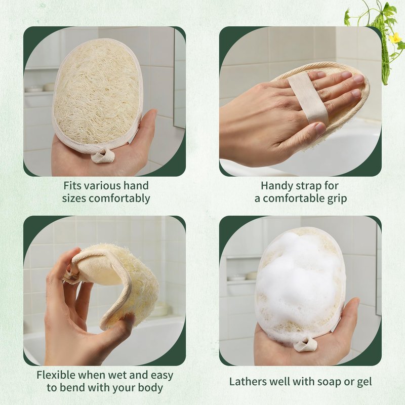 SAMEBUTECO 4 Pack Natural Loofah Exfoliating Body Scrubber Pads,Large Size 6.3x4.3 Inch Shower Loofah Sponges with Elastic Strap & Hanging Loop, Bath Scrubber for Adults