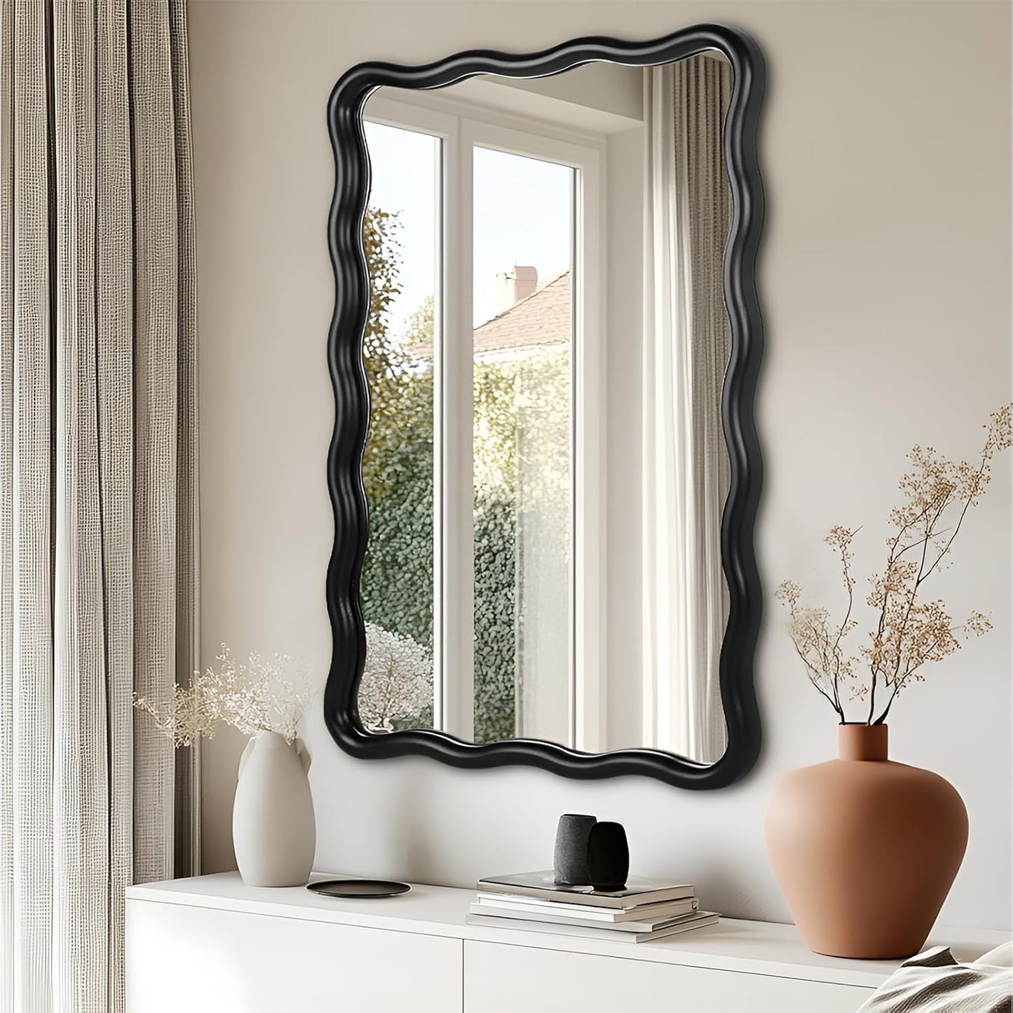 Wavy Rectangular Bathroom Mirror - Scalloped Metal Frame | Modern Black Design for Vanity, Living Room, Entryway
