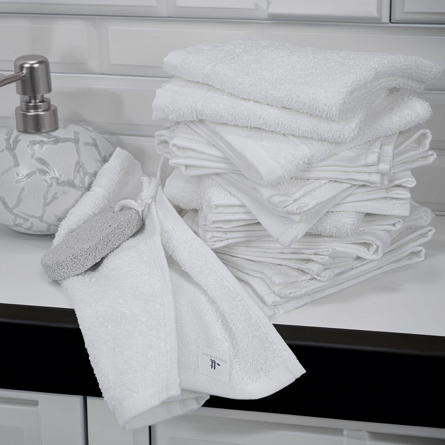 Tens Towels Pack of 60 Washcloths, 12 x 12 Inches, Lighter Weight, Quick to Dry, Super Soft & Absorbent, Gentle Face Towels, Hotel Quality, Perfect for Bathroom, Gym, Spa (White, 60 Pack)