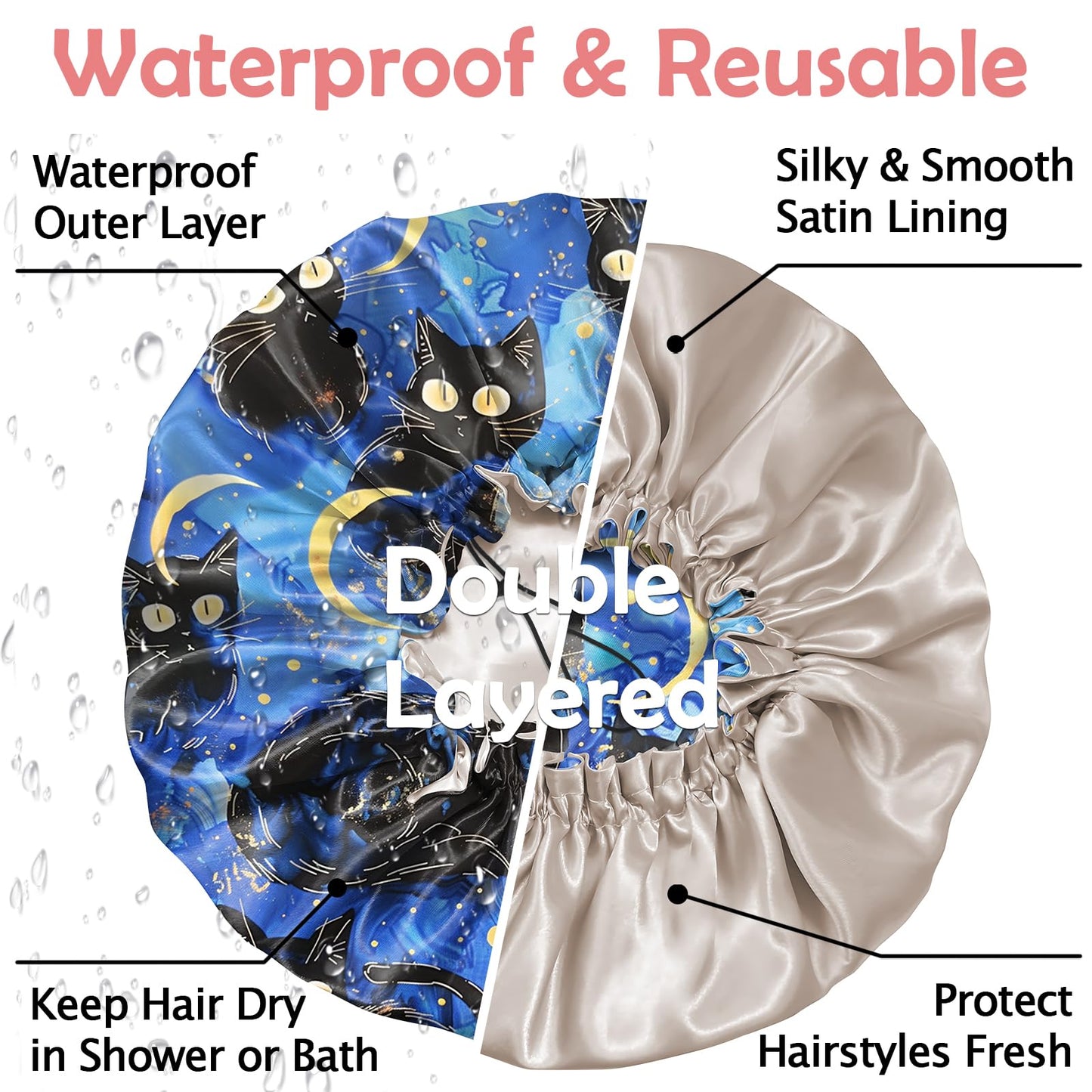 Cabreche Luxury Shower Cap Satin Silk Lined Adjustable Elastic Reusable Waterproof Shower Bath Cap Cute for Women Girls-Black Cat Blue