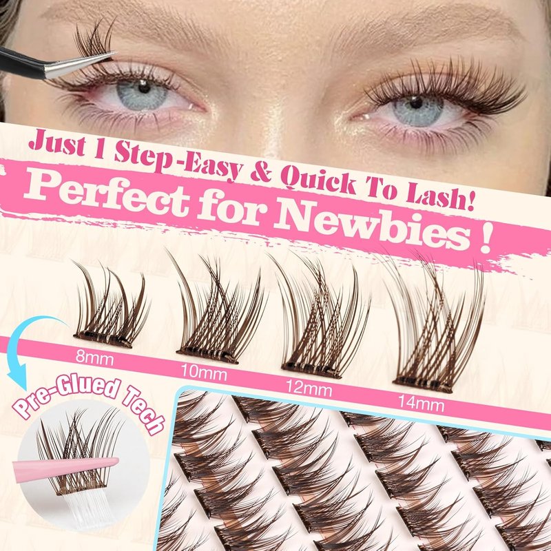 Self-Adhesive Eyelash Clusters - Brown Wispy Individual Lashes | Reusable 8-14mm C Curl Extensions