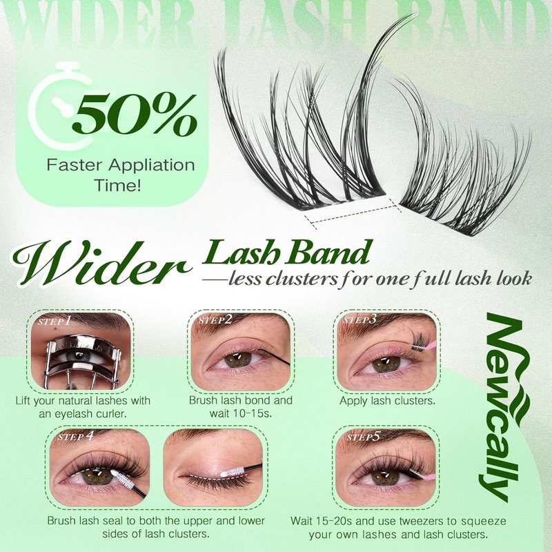 Newcally Natural Lash Clusters - Invisible Band Eyelash Extensions | CC-Curly, 10-16MM Sizes