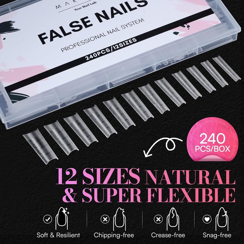 Makartt XL Tapered Square Nail Tips - Matte Clear Half Cover Fake Nails with Alignment Guides | 240pcs in 12 Sizes