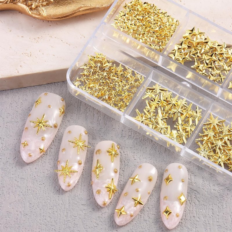 Gold Star Nail Charms - Twinkle Star Metal Studs & Rivets | 2 Boxes for Acrylic Nail Design